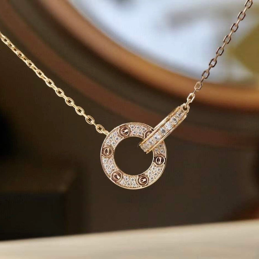 [⭐Shinejoy]LOVE 7.6MM ネックレス ローズゴールド＆シルバー フルダイヤモンド