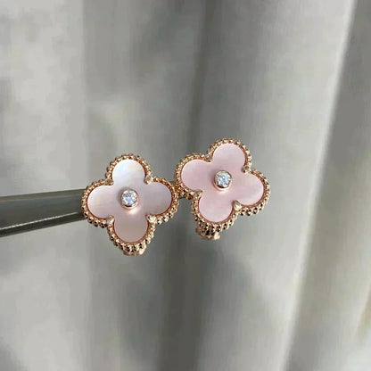 [⭐Shinejoy]クローバー ミディアム 1モチーフ ピンクマザーオブパール ダイヤモンドピアス