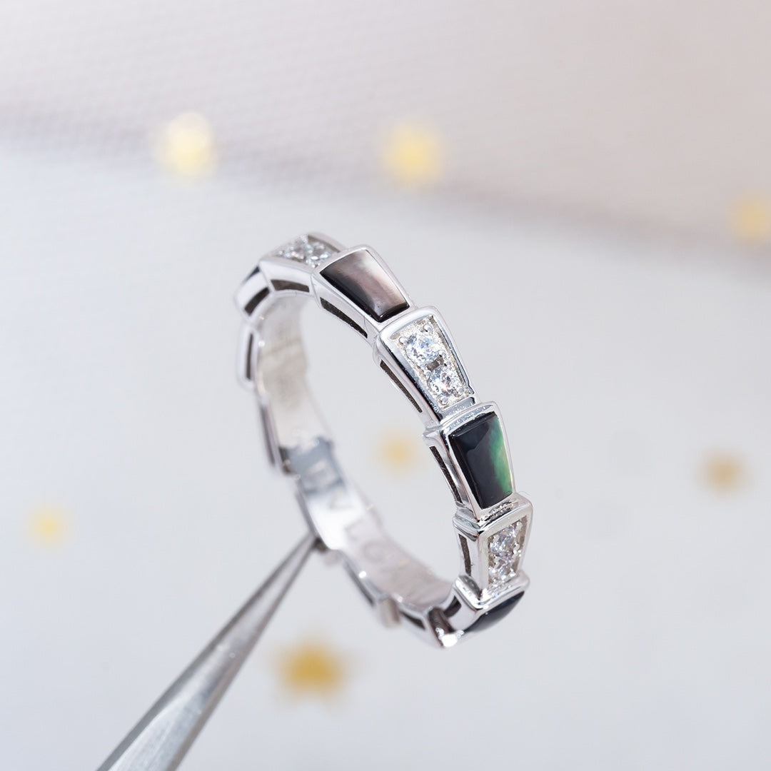 [⭐Shinejoy]セルペンティ リング シルバー ダイヤモンド マザーオブパール（ブラック）3MM