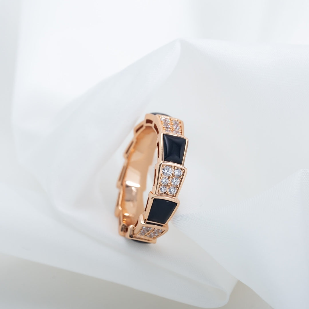 [⭐Shinejoy]SERPENTI RING ROSEGOLD SCHWARZES PERLMUTT DIAMANT-PAVÉ 4MM