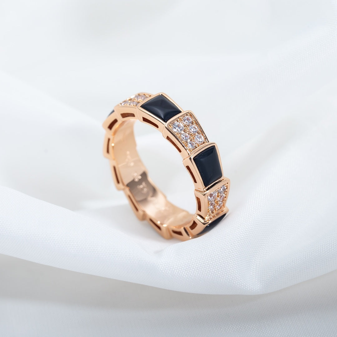 [⭐Shinejoy]SERPENTI RING ROSEGOLD SCHWARZES PERLMUTT DIAMANT-PAVÉ 4MM