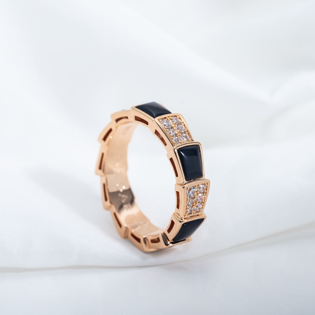[⭐Shinejoy]SERPENTI RING ROSEGOLD SCHWARZES PERLMUTT DIAMANT-PAVÉ 4MM