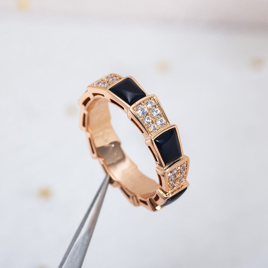 [⭐Shinejoy]SERPENTI RING ROSEGOLD SCHWARZES PERLMUTT DIAMANT-PAVÉ 4MM