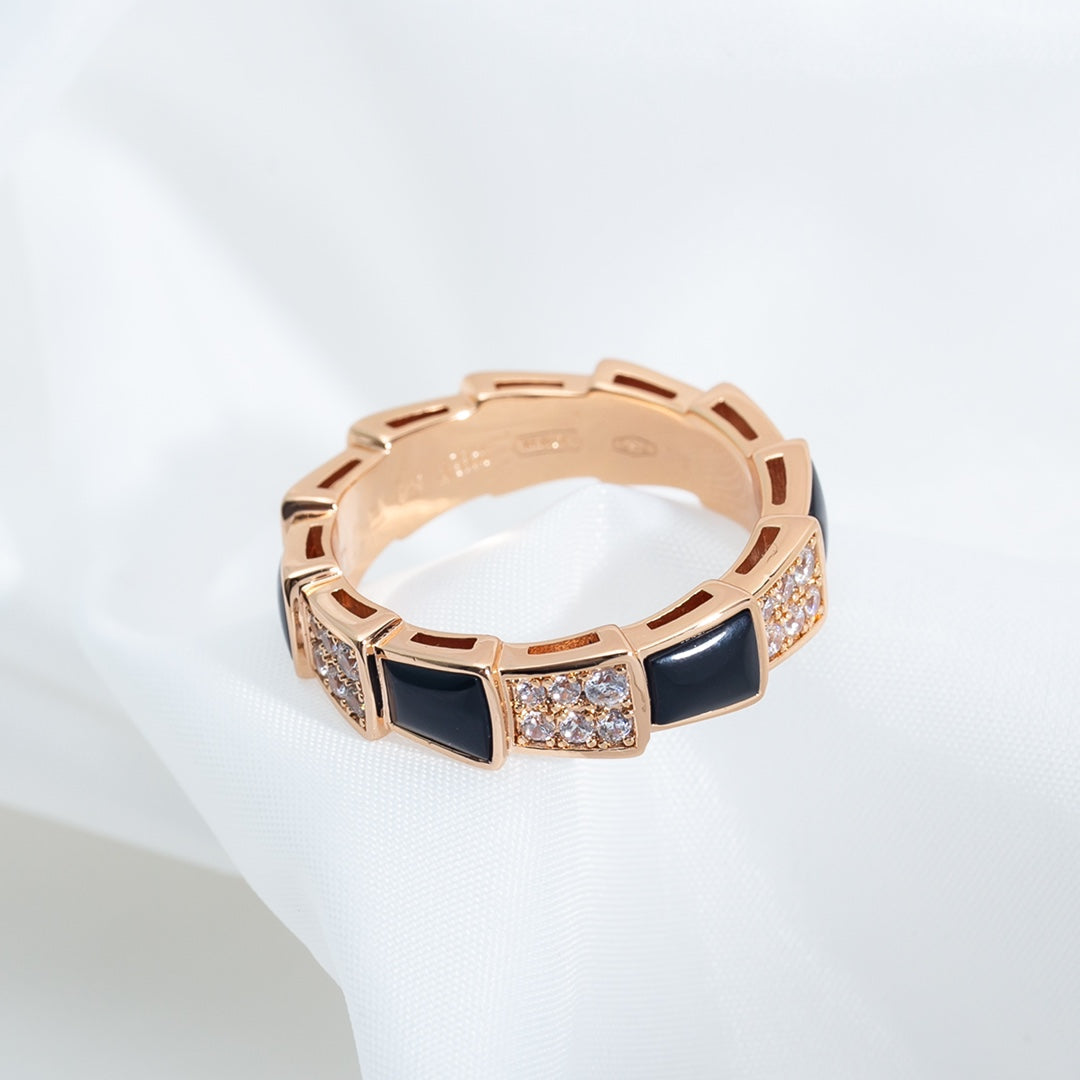 [⭐Shinejoy]SERPENTI RING ROSEGOLD SCHWARZES PERLMUTT DIAMANT-PAVÉ 4MM