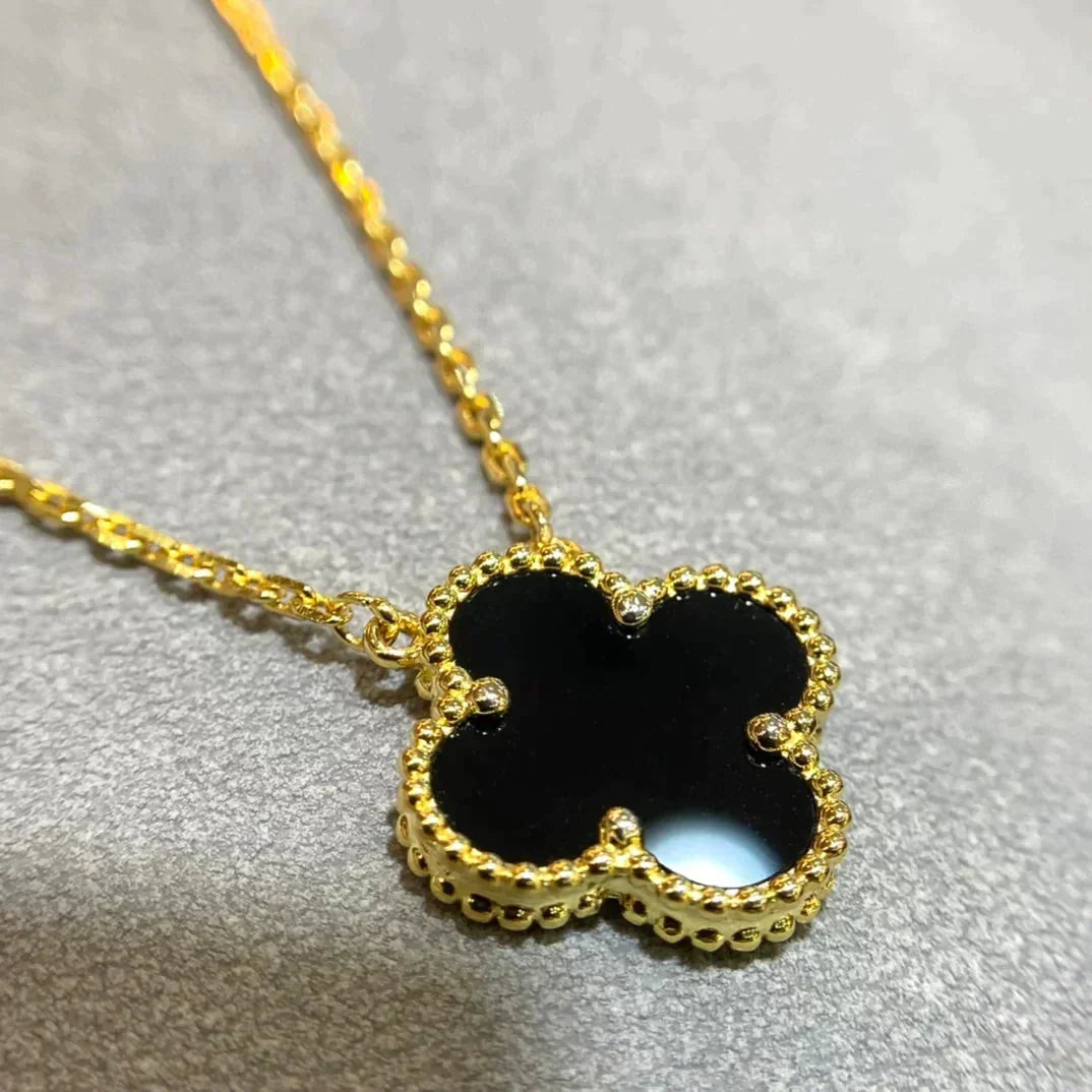 [⭐Shinejoy]CLOVER 15MM ブラックオニキス シングルフラワーネックレス