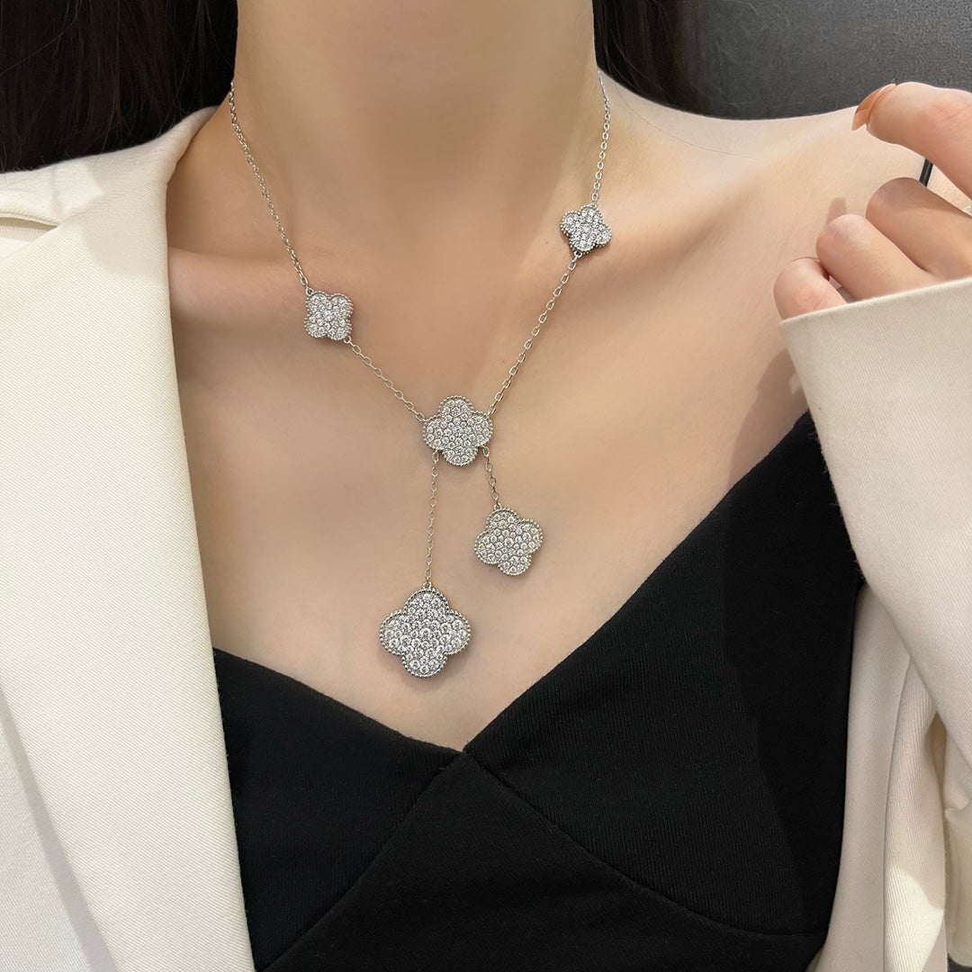 [⭐Shinejoy]クローバー 5モチーフ シルバー ダイヤモンド ネックレス