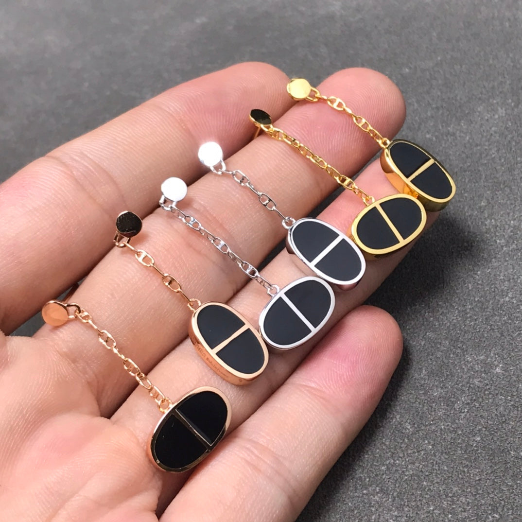 [⭐Shinejoy]CHAINE VERSO ブラックセラミック シルバーピアス