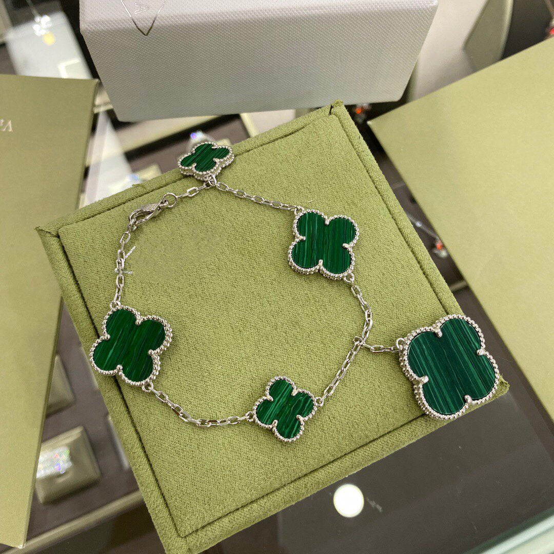 [⭐Shinejoy]クローバー 5モチーフ シルバー マラカイトブレスレット