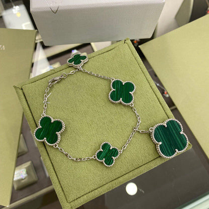 [⭐Shinejoy]クローバー 5モチーフ シルバー マラカイトブレスレット