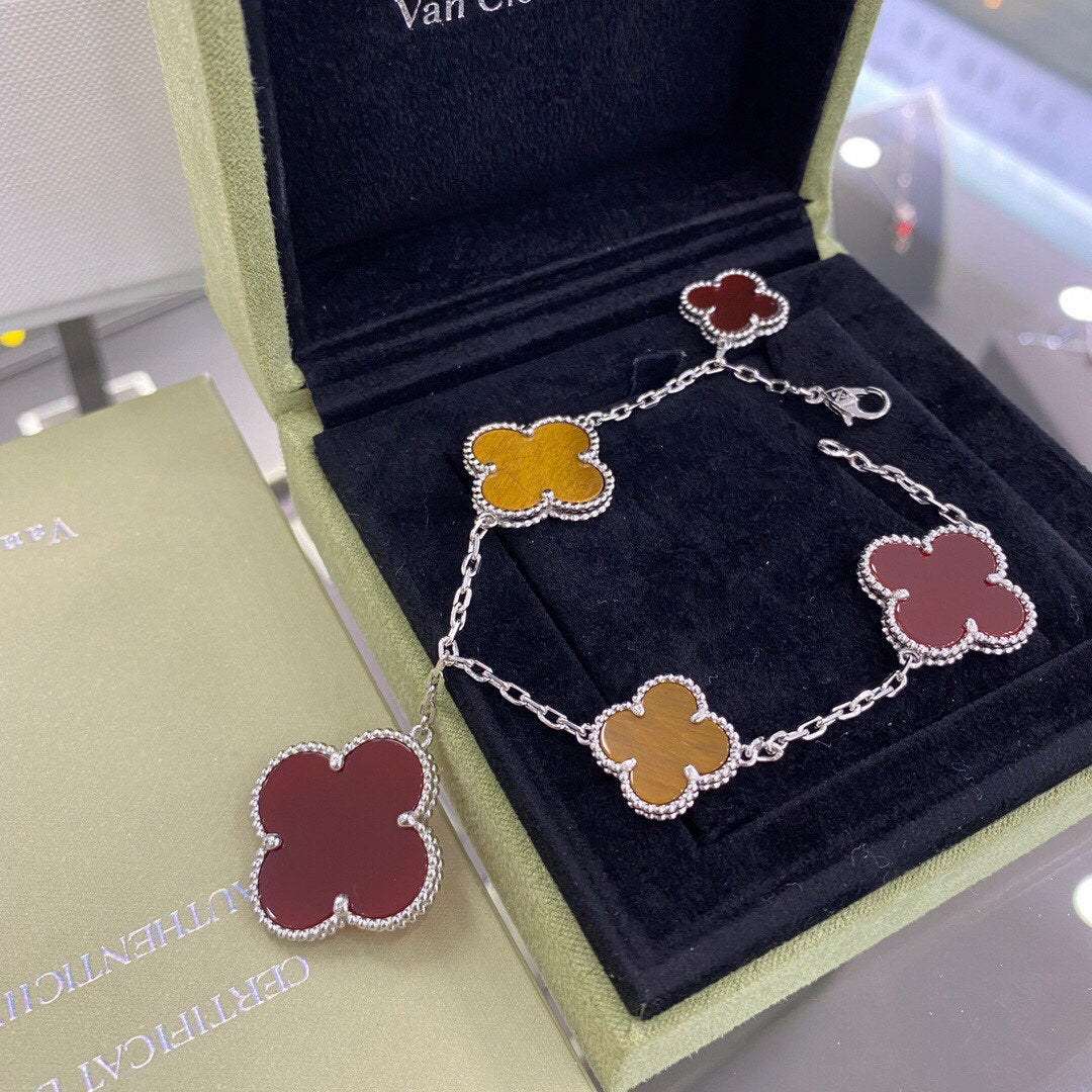 [⭐Shinejoy]クローバー 5モチーフ シルバー カーネリアン タイガーアイ ブレスレット