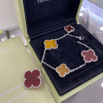 [⭐Shinejoy]クローバー 5モチーフ シルバー カーネリアン タイガーアイ ブレスレット