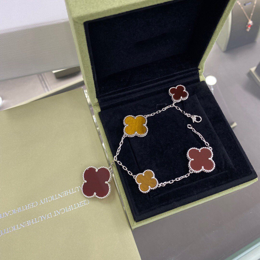 [⭐Shinejoy]クローバー 5モチーフ シルバー カーネリアン タイガーアイ ブレスレット