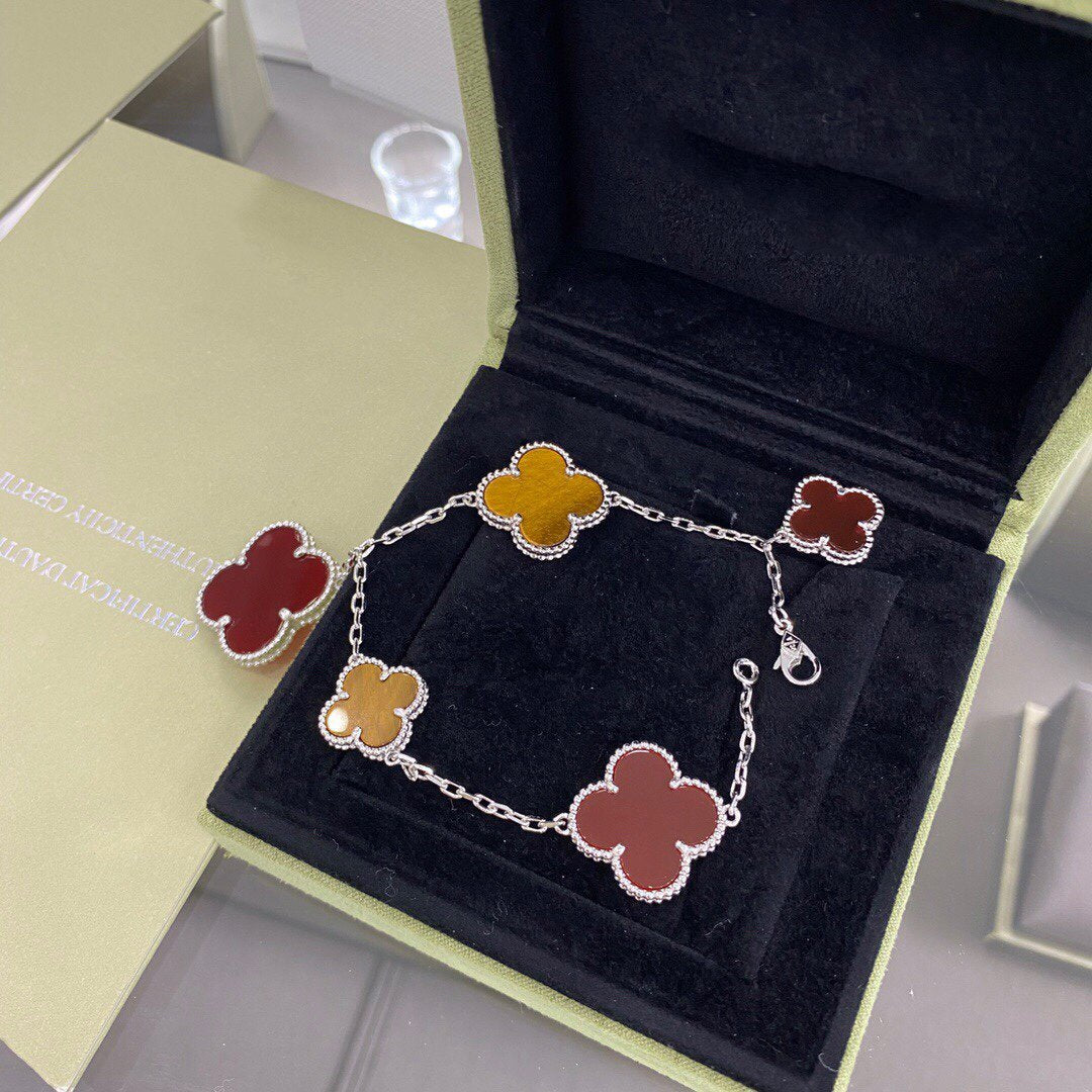[⭐Shinejoy]クローバー 5モチーフ シルバー カーネリアン タイガーアイ ブレスレット
