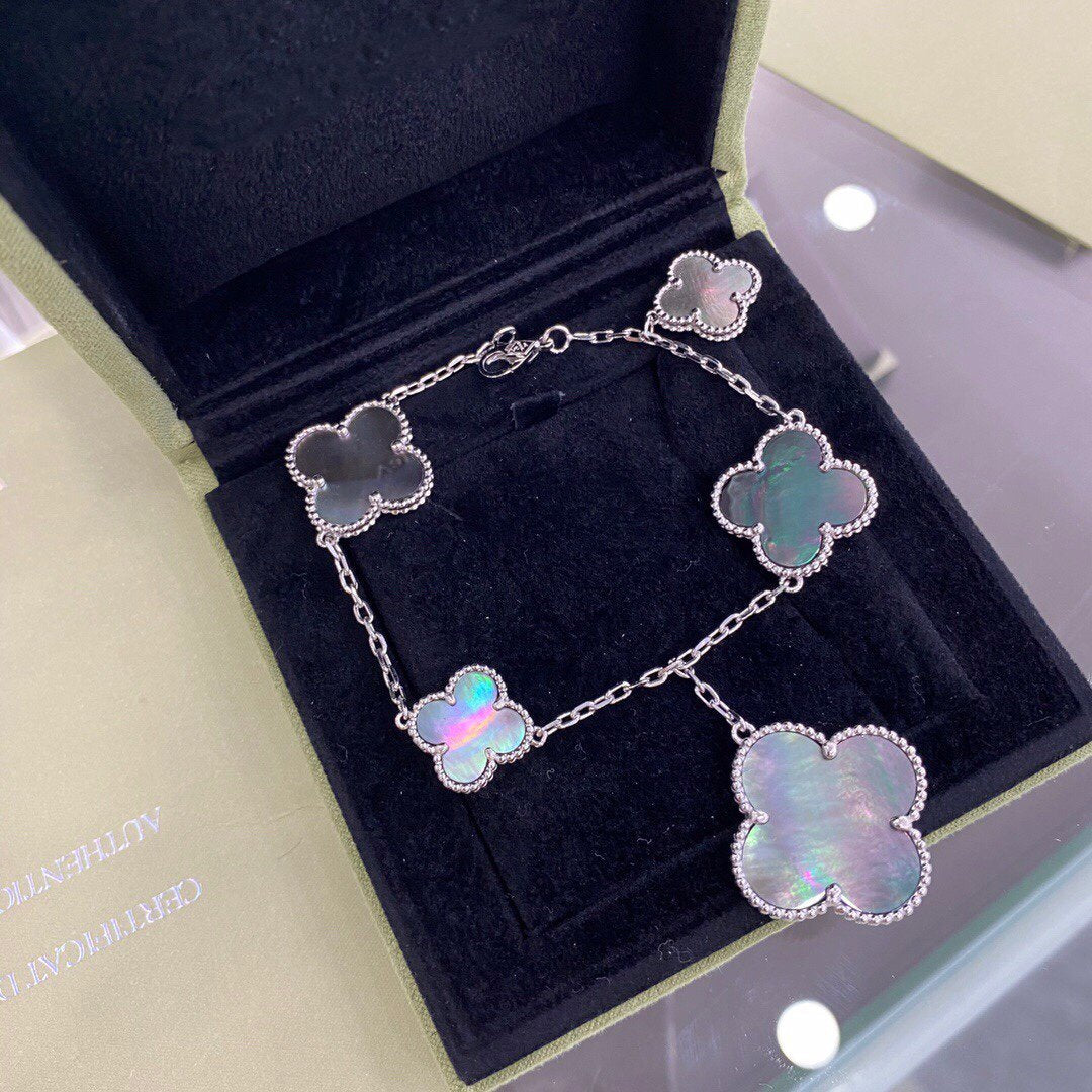 [⭐Shinejoy]クローバー 5モチーフ シルバー ダークマザーオブパール ブレスレット
