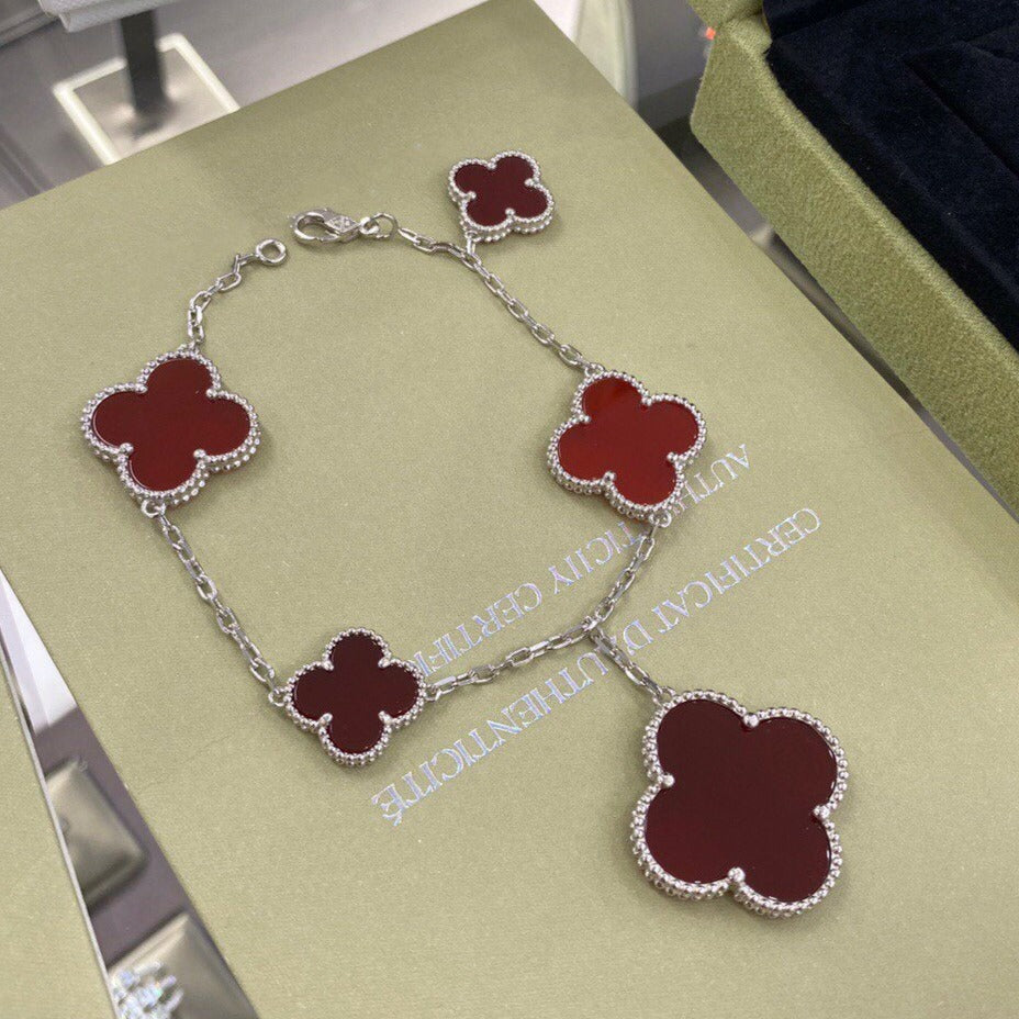 [⭐Shinejoy]クローバー 5モチーフ シルバー カーネリアン ブレスレット