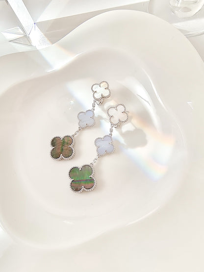 [⭐Shinejoy]CLOVER 3 MOTIVE CHALCEDON DUNKEL PERLMUTT SILBER OHRRINGE