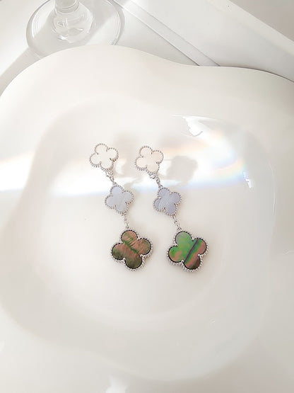 [⭐Shinejoy]CLOVER 3 MOTIVE CHALCEDON DUNKEL PERLMUTT SILBER OHRRINGE