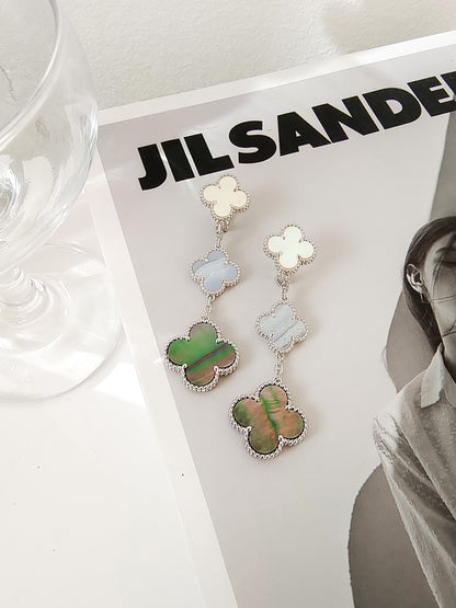 [⭐Shinejoy]CLOVER 3 MOTIVE CHALCEDON DUNKEL PERLMUTT SILBER OHRRINGE