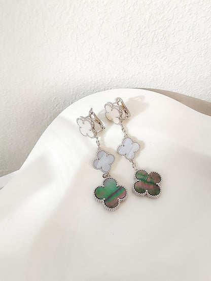 [⭐Shinejoy]CLOVER 3 MOTIVE CHALCEDON DUNKEL PERLMUTT SILBER OHRRINGE