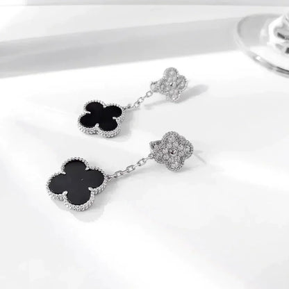 [⭐Shinejoy]CLOVER 2 MOTIFS  DIAMOND ONYX EARRINGS SILVER