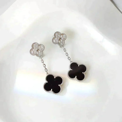 [⭐Shinejoy]CLOVER 2 MOTIFS  DIAMOND ONYX EARRINGS SILVER