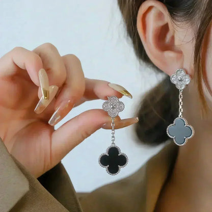 [⭐Shinejoy]CLOVER 2 MOTIFS  DIAMOND ONYX EARRINGS SILVER