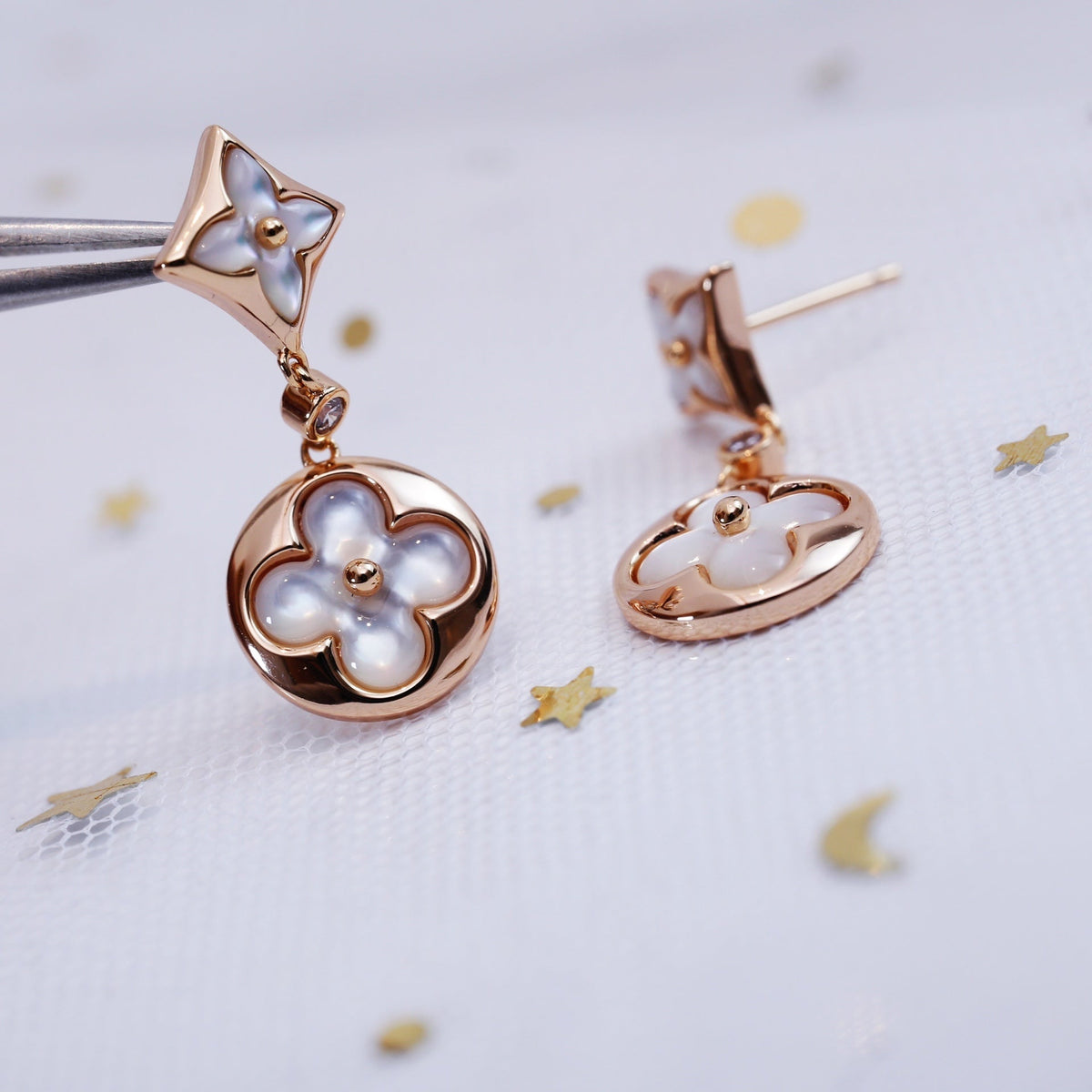 [⭐Shinejoy]スター＆サン ピンクゴールド MOP ドロップピアス