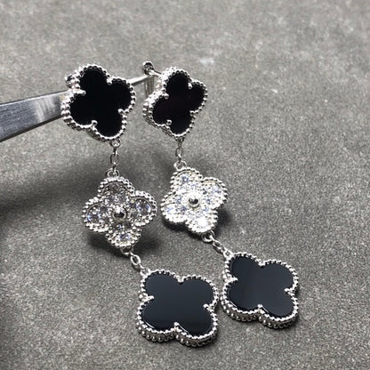 [⭐Shinejoy]クローバー 3モチーフ ダイヤモンド オニキス シルバーピアス