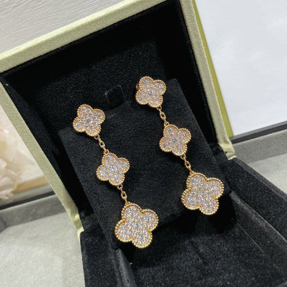 [⭐Shinejoy]CLOVER 3モチーフ ダイヤモンドパヴェ ローズゴールドピアス