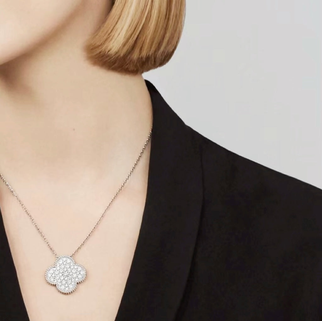 [⭐Shinejoy]CLOVER 25MM ラージペンダント ダイヤモンドパヴェ シルバーネックレス