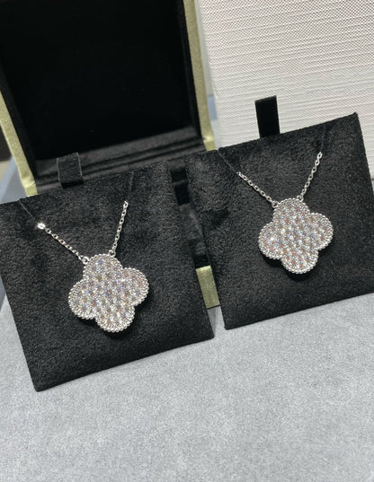[⭐Shinejoy]CLOVER 25MM ラージペンダント ダイヤモンドパヴェ シルバーネックレス