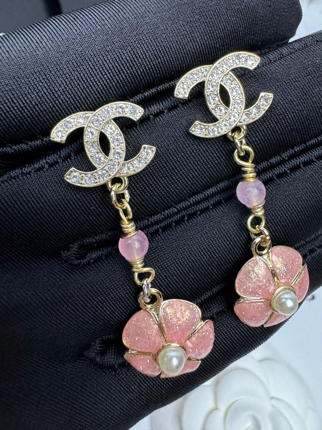 [⭐Shinejoy]26C ピンクカメリア エナメルペンダント＆ダブルCピアス