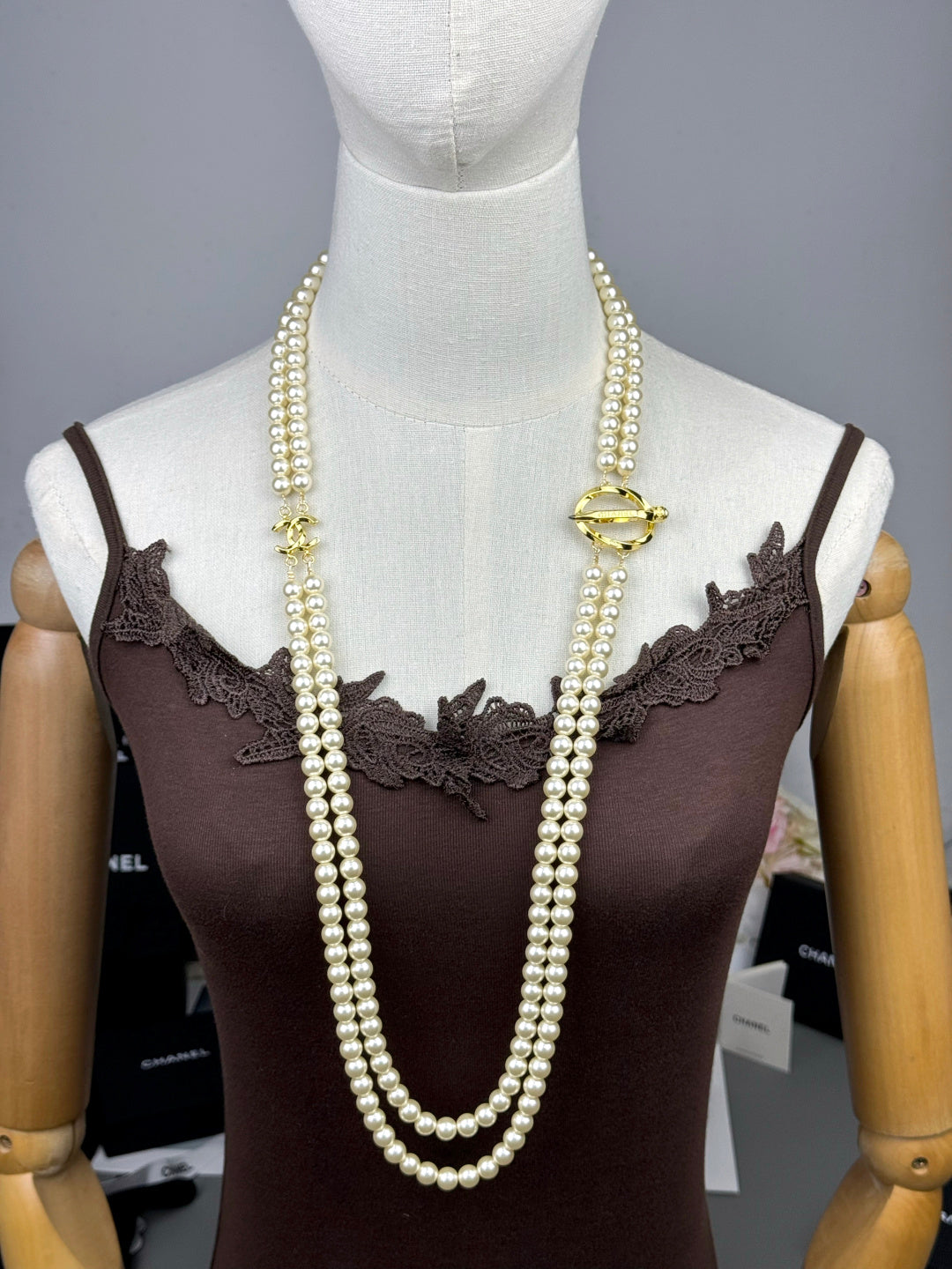 [⭐Shinejoy]25K Pencil Double C Double-Layer Pearl Sweater Chain