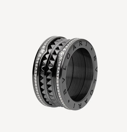 [⭐Shinejoy]ZERO 1 ロック 4バンド ブラックセラミック スタッズスパイラル パヴェダイヤモンド リング