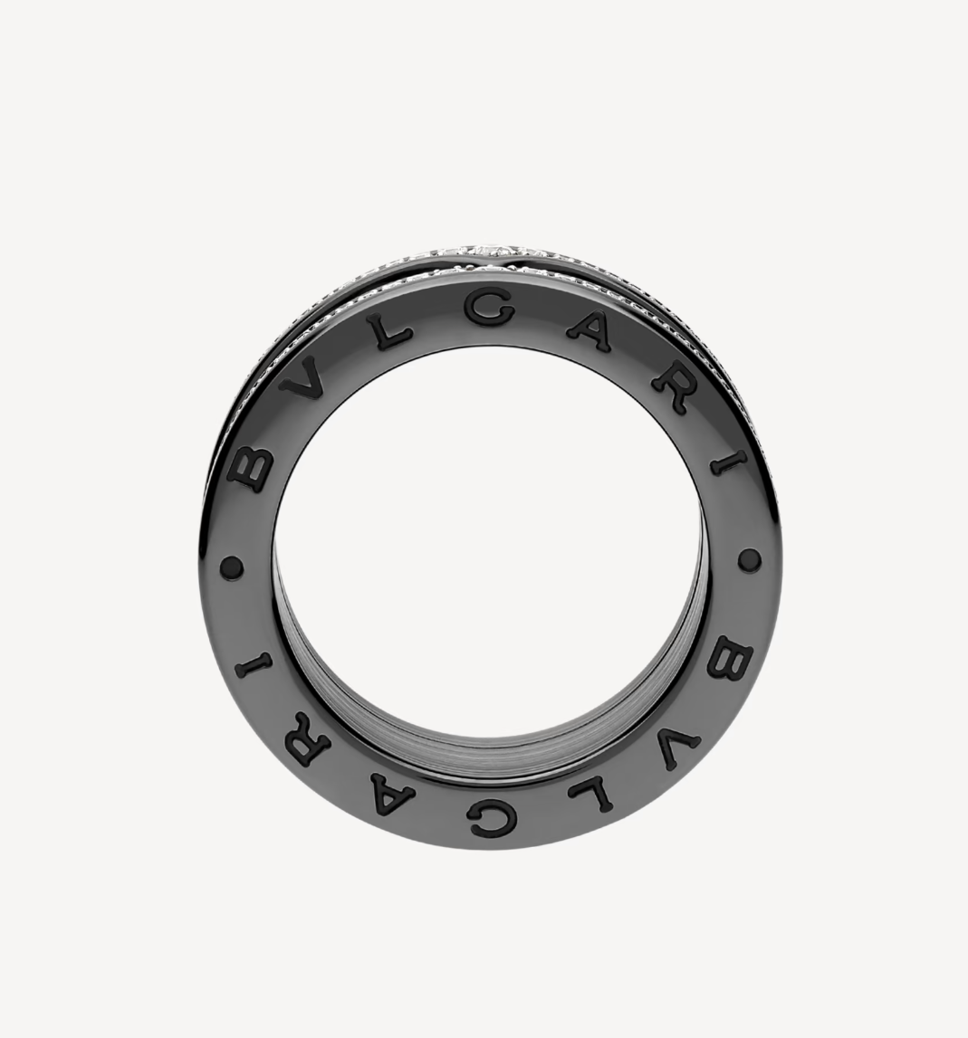 [⭐Shinejoy]ZERO 1 ロック 4バンド ブラックセラミック スタッズスパイラル パヴェダイヤモンド リング