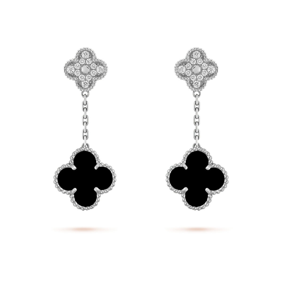 [⭐Shinejoy]CLOVER 2 MOTIFS  DIAMOND ONYX EARRINGS SILVER
