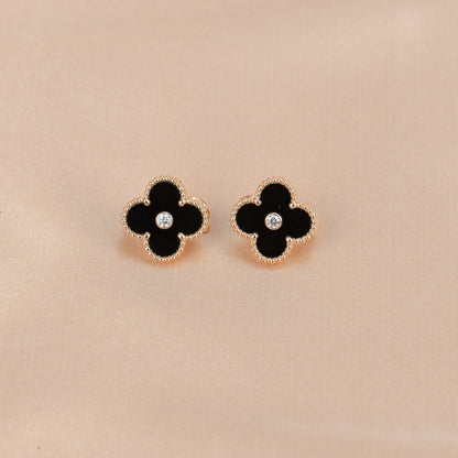 [⭐Shinejoy]クローバー ミディアム 1モチーフ オニキス ダイヤモンド ピアス