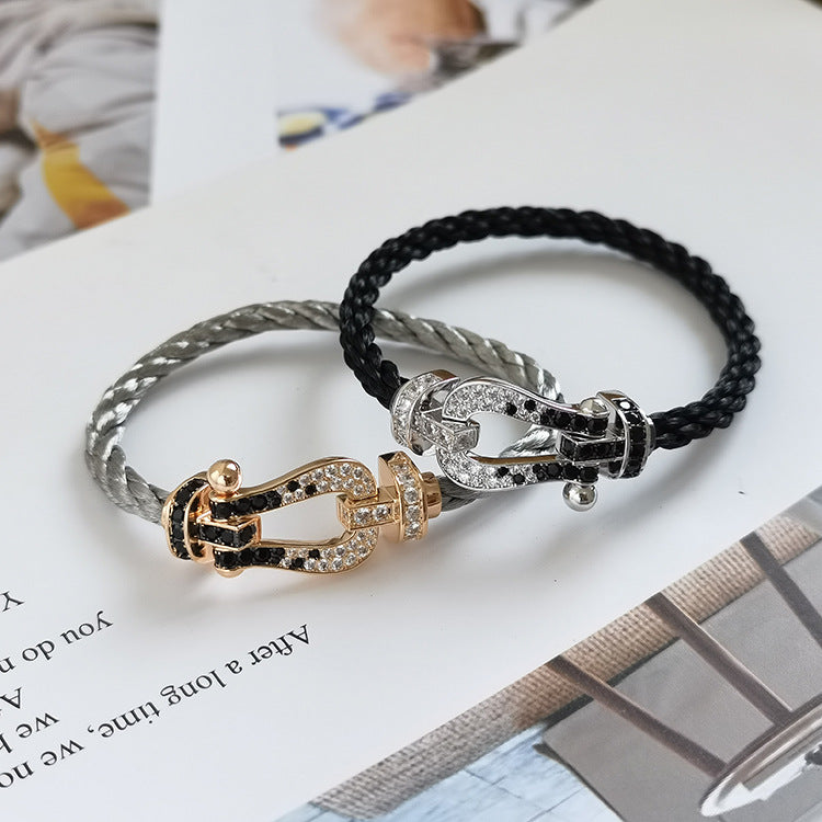 [⭐Shinejoy]FORCE ラージホースシュー ブラック＆ホワイトダイヤモンドブレスレット シルバー