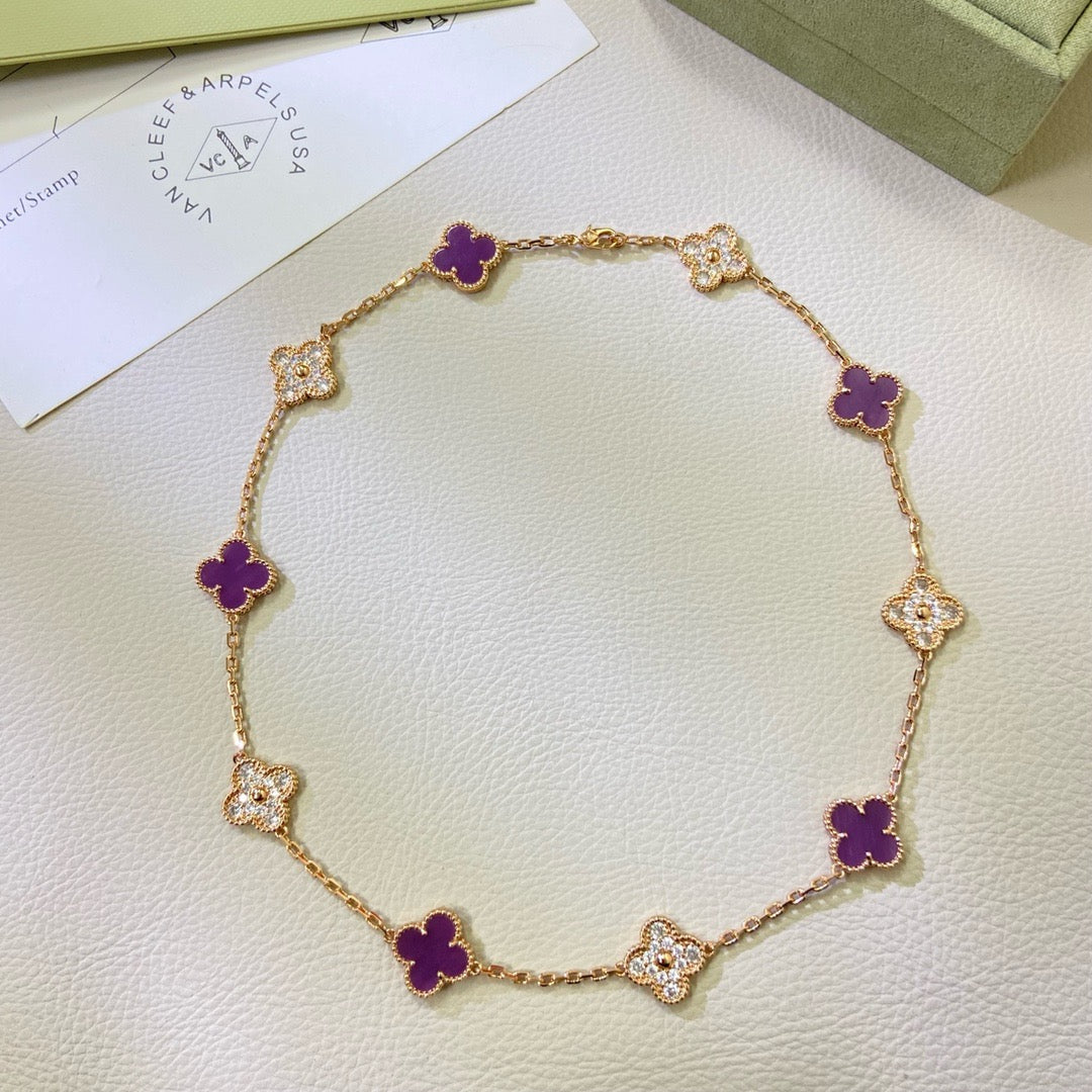 [⭐Shinejoy Jewelry] クローバー 10モチーフ パープルバイオレット ダイヤモンドネックレス