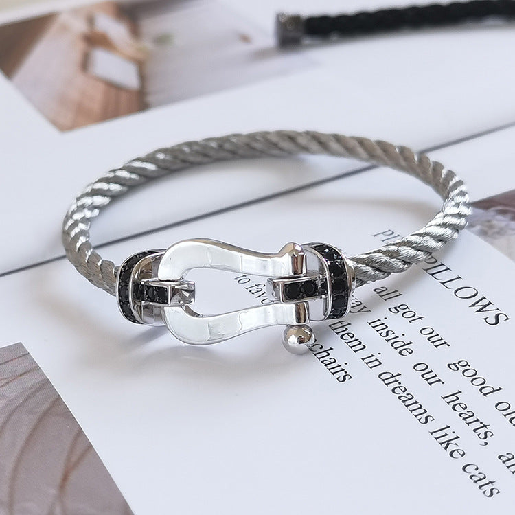 [⭐Shinejoy]フォース ラージ ホースシュー ブラックダイヤモンド ブレスレット シルバー