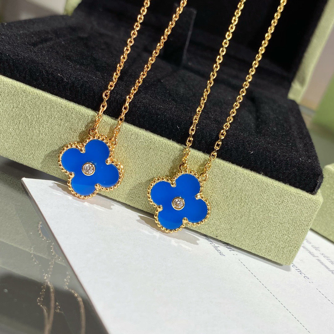 [⭐Shinejoy]CLOVER 15MM DIAMOND AND BLUE AGATE NECKLACE