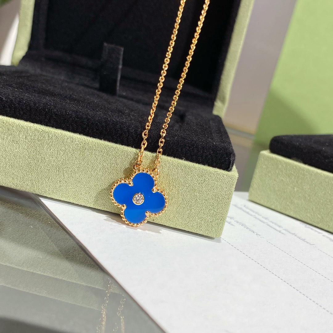 [⭐Shinejoy]CLOVER 15MM DIAMOND AND BLUE AGATE NECKLACE