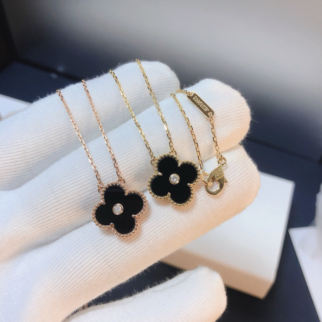 [⭐Shinejoy]CLOVER 15MM DIAMOND ONYX NECKLACE