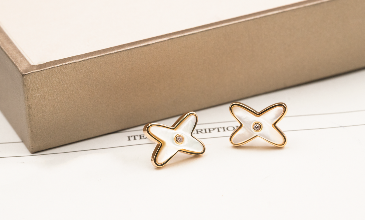[⭐Shinejoy]JEUX DE ホワイトマザーオブパール ピンクゴールド ダイヤモンドピアス
