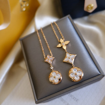 [⭐Shinejoy]COLOR BLOSSOM LARIAT-HALSKETTE ROSÉGOLD WEISSE PERLMUTT UND DIAMANT