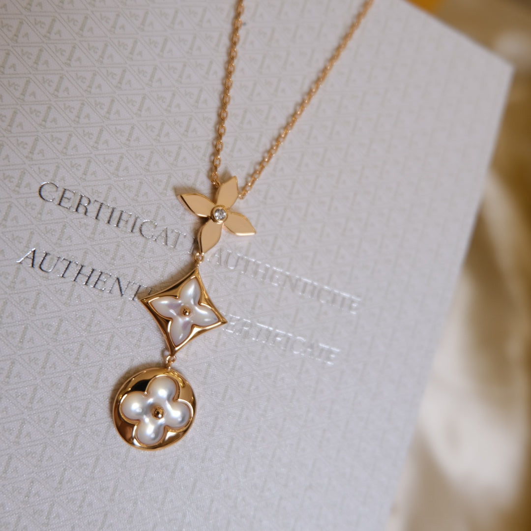 [⭐Shinejoy]COLOR BLOSSOM LARIAT-HALSKETTE ROSÉGOLD WEISSE PERLMUTT UND DIAMANT