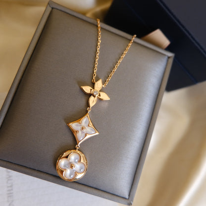 [⭐Shinejoy]COLOR BLOSSOM LARIAT-HALSKETTE ROSÉGOLD WEISSE PERLMUTT UND DIAMANT