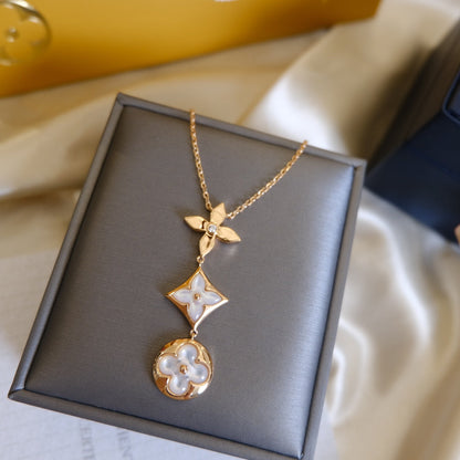 [⭐Shinejoy]COLOR BLOSSOM LARIAT-HALSKETTE ROSÉGOLD WEISSE PERLMUTT UND DIAMANT