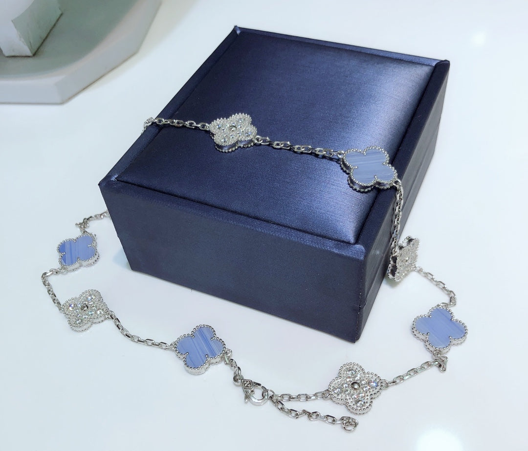 [⭐Shinejoy]クローバー 10モチーフ カルセドニー ダイヤモンド シルバーネックレス