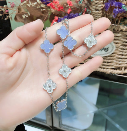 [⭐Shinejoy]クローバー 10モチーフ カルセドニー ダイヤモンド シルバーネックレス